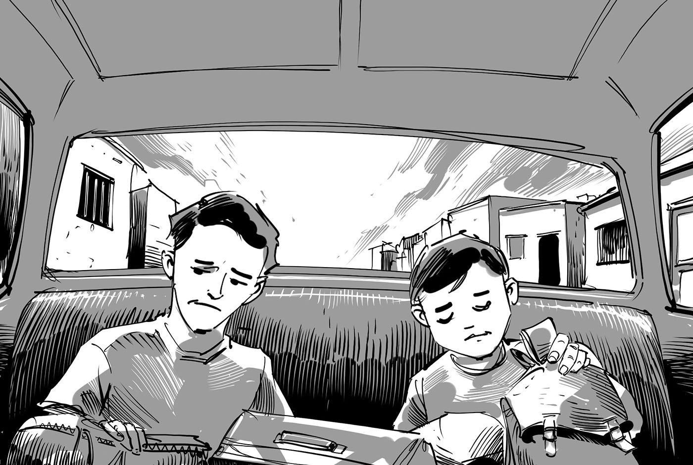 an illustration of two boys in the back of a car